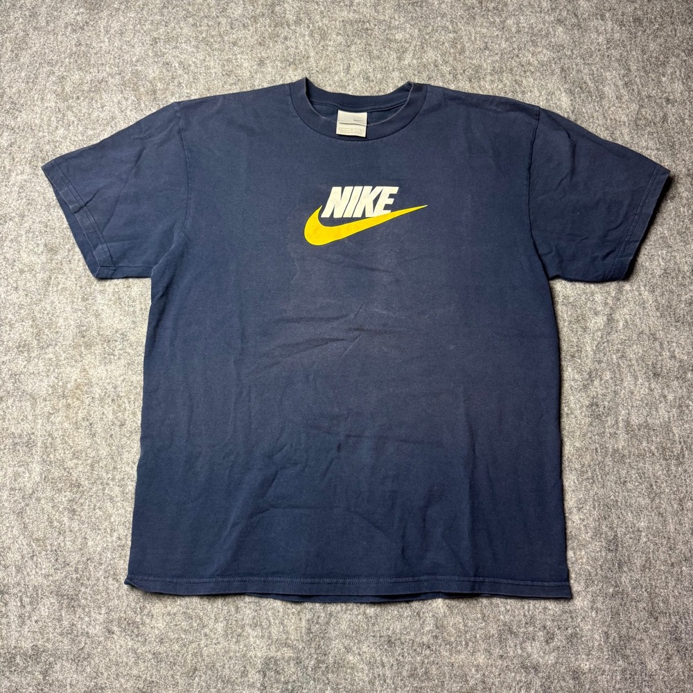 Nike T Shirt Mens Large Navy Blue Yellow Swoosh Logo Graphic Tee